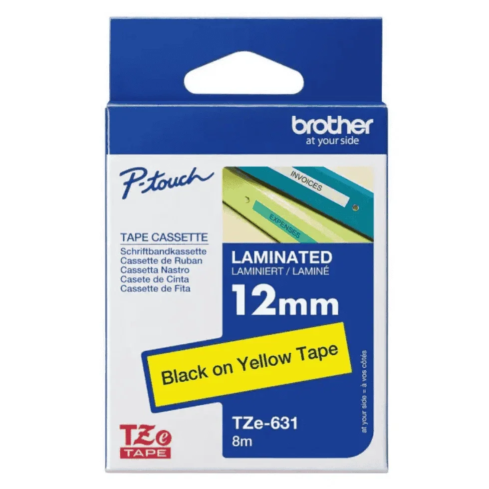 Brother TZe-631 12mm Black-on-Yellow Laminated Label Tape – 8m Cassette for P-Touch Printers