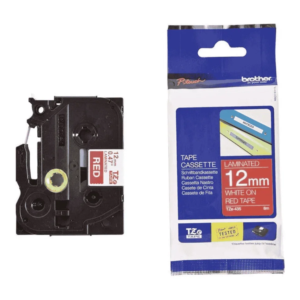 Brother TZe-435 Labelling Tape Cassette, White on Red, 12 mm (W) x 8 m (L), Laminated
