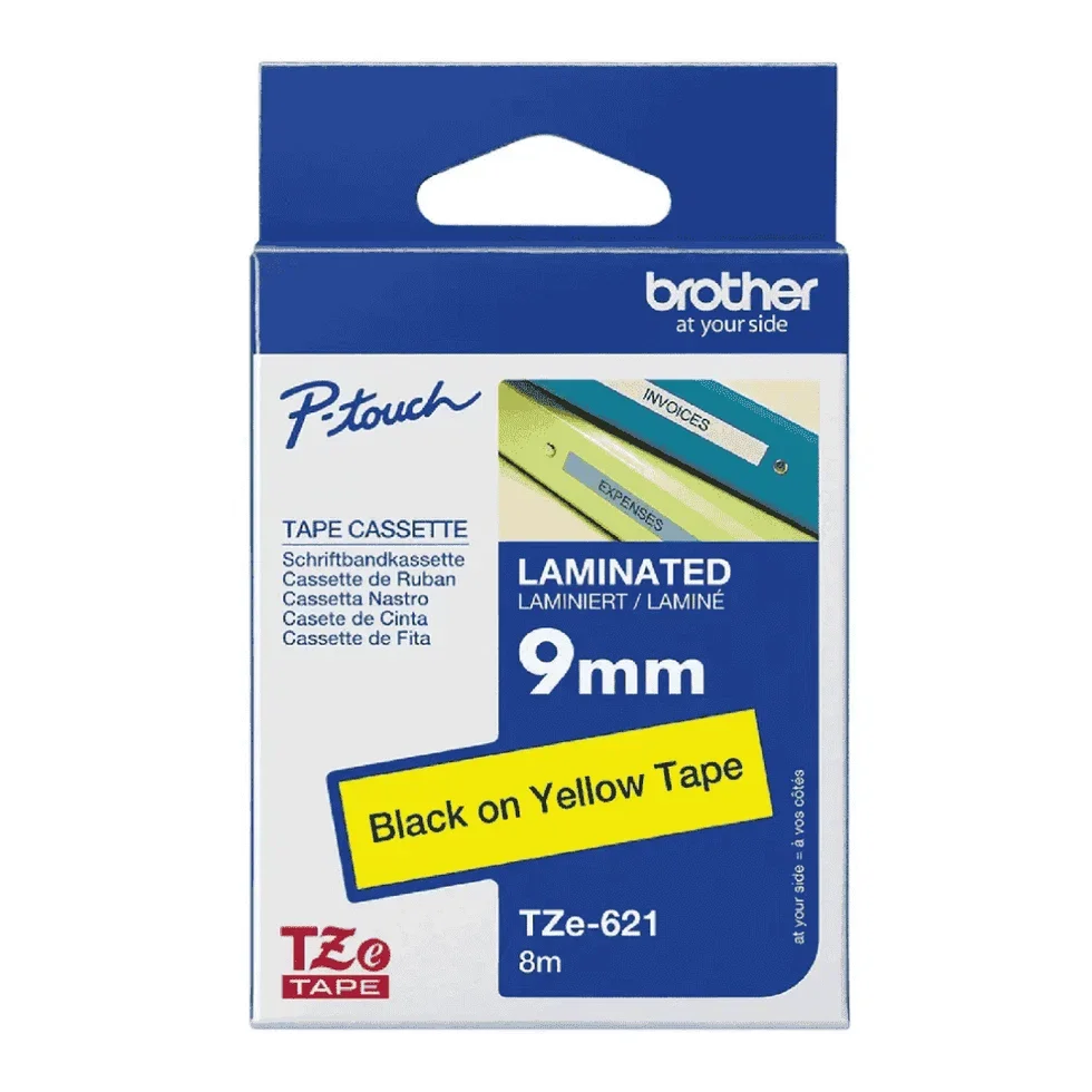 Brother TZe-621 9mm Black-on-Yellow Laminated Label Tape – 8m Cassette for P-Touch Printers