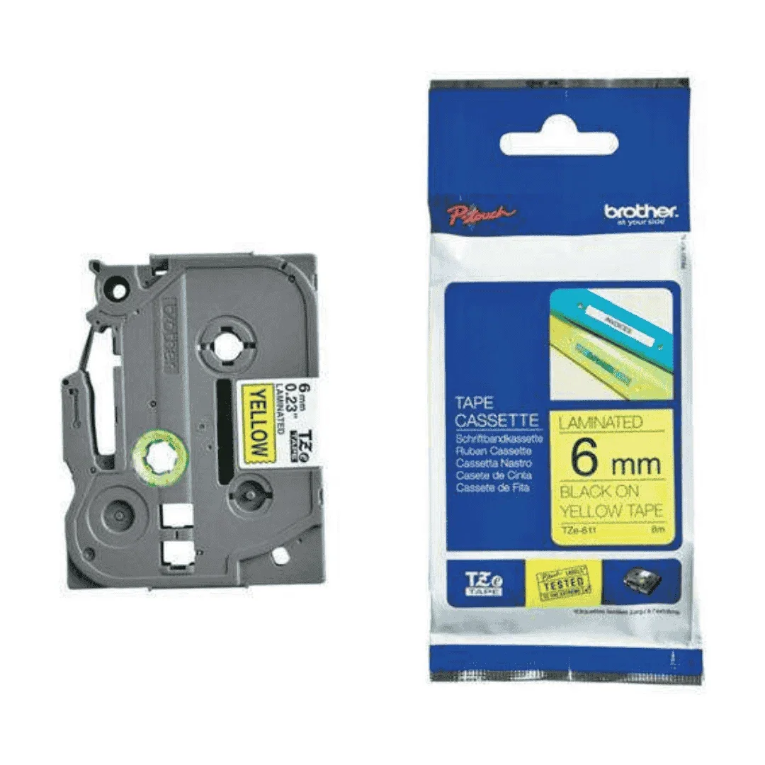 Brother TZE 611 in Black on Yellow tape 6mm (8metres)