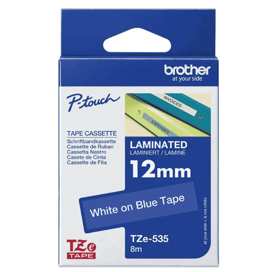 Brother TZe-535 12mm White-on-Blue Laminated Label Tape – 8m Cassette for P-Touch Printers