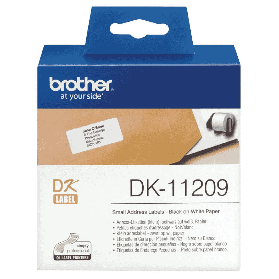 Brother DK-11209 Small Address Label Roll – Black on White, 28.9mm x 62mm, 800 Labels