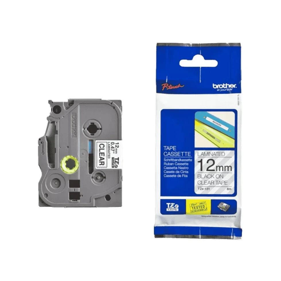 Brother P-touch TZe131 Label Tape – 12mm Black on Clear Laminated