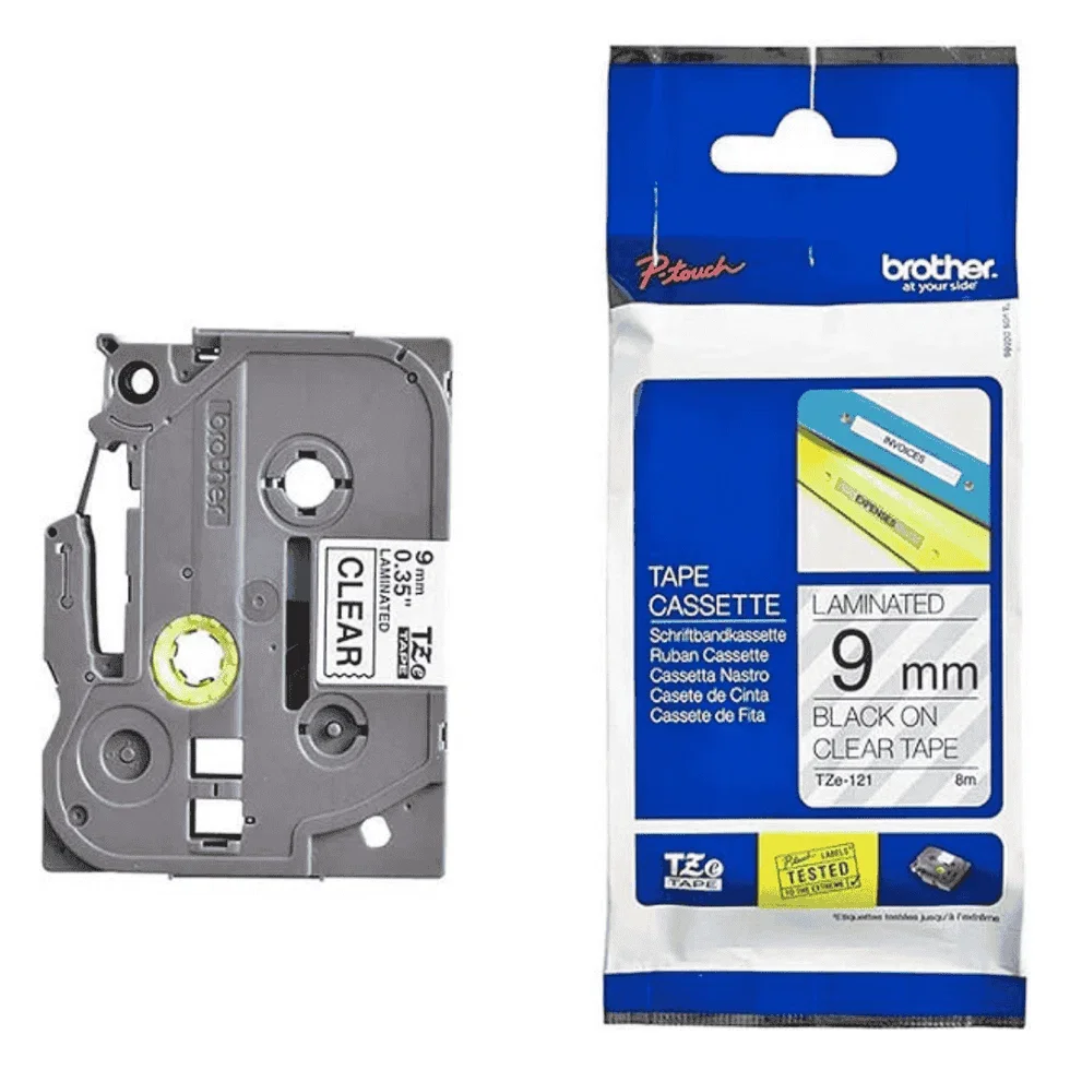 Brother TZ-121 P-touch® Label Tape, 9mm, (3/8"), Black on Clear