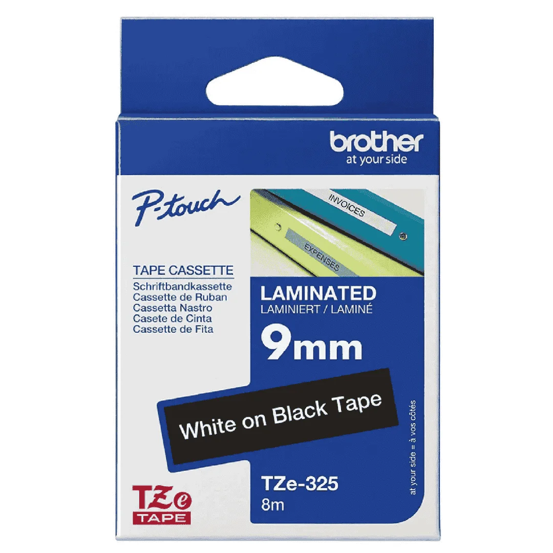 Brother TZe‑325 9 mm White-on-Black Laminated Label Tape – 8 m Roll for P‑Touch Printers